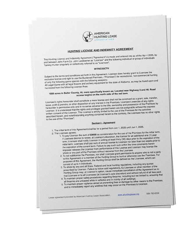 Hunting Lease Agreement AHLA's hunting lease agreement that comes with your purchase of a hunting lease insurance policy.